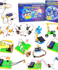 Components of Cool Hands On Electric Science Kit For Kids With 12 Power Missions STEM Lab displayed with circuits and manuals.