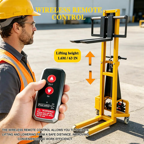 Heavy Duty Electric Pallet Lift Stacker With Remote Controlled Height Tweaking And Wide Forks for effortless lifting using wireless remote.