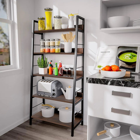 Solid Five Tier Industrial Ladder Bookshelf In Rustic Brown, Steel Frame Leaning Rack For Plants And Daily Gear in kitchen setting.