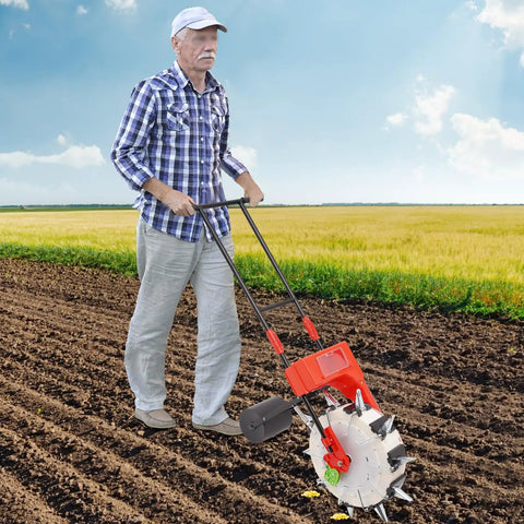 Person using 10 Beak Manual Seed Seeder For Peanut Corn And Beans, Precision Handheld Planter With 2.95 Inch Depth on farmland