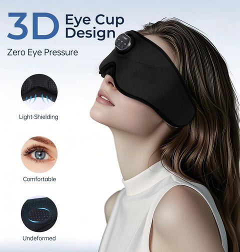 Bluetooth Sleep Mask With White Noise And Wireless Sleep Headphones on woman's face showing 3D eye cup design for all-night comfort