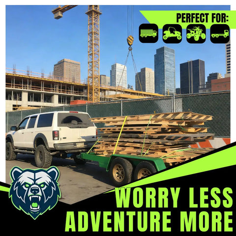 Killer Heavy Duty Ratchet Straps With J Hooks Two Inch By Fifteen Foot Ten Thousand Pound Breaking Strength Tie Down Cargo Straps For Truck Trailer Moving Fluorescent Green Four Pack securing wood on trailer.