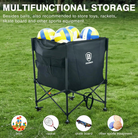 Rolling Ball Storage Cart With Lockable Wheels, Collapsible Multi-Sport Gear Organizer holding 5 volleyballs on grass