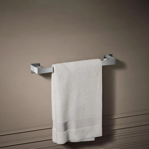 Honesty 18 Inch Towel Bar Polished Chrome For Modern Bathrooms mounted with white towel on wall
