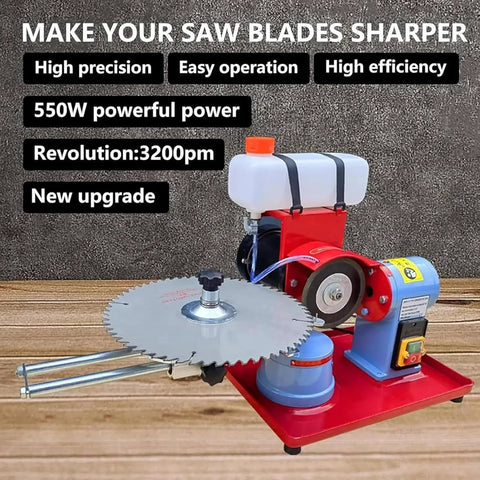 Top Shelf Electric Circular Saw Blade Sharpener And Multi Tool Polisher With Coolant Tank For Carbide Tips And Woodworking Blades Lightweight 550 Watt Beast Mode No Sweat Setup on wooden surface with water tank and saw blade.