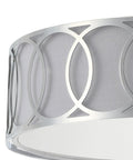 Close-up of Dope Chrome Modern Metal LED Flush Mount Ceiling Light with white linen drum shade and geometric fretwork pattern.