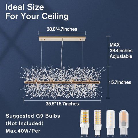 Dimensions and bulb details of 12-Light Crystal Firework Chandelier With Gold Metal Finish, Modern Dining Room Lighting Fixture