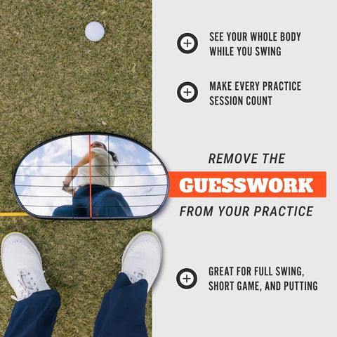 Alignment Mirror With Two Alignment Rods Portable Golf Training Aid reflecting golfer's swing, showing gridlines on green grass.