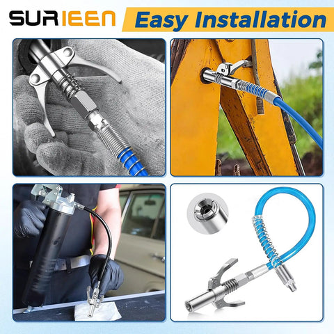 Grease Gun Tips And Couplers Kit With 90 Degree Adapter And 6 Prong Dual Handle Connector in use on various machinery and tools.