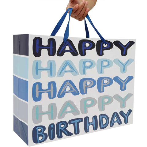 Extra Large 16.5 Inch Blue Birthday Gift Bag Set with handles featuring Happy Birthday text design.