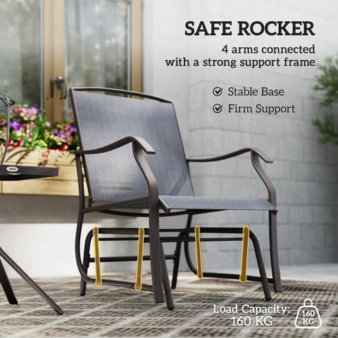Three Piece Outdoor Glider Bistro Set With Glass Tabletop And Two Patio Rocking Chairs In Breathable Sling Fabric For A Chill Porch Or Backyard And Garden Gray, view of single gray rocking chair in breathable sling, closeup.