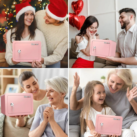 People holding a pink mini safe with a key lock, showing uses for kids, home, and travel; Pink Mini Safe For Kids And Home Portable Lock Box.
