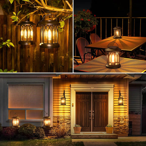 Outdoor Solar Lanterns Waterproof Hanging Lights For Backyard on table and porch, warm glow, evening setting