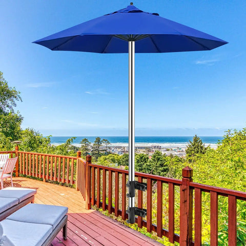Adjustable Deck Umbrella Base Clamp For Railings And Fences on balcony, fits 1.25 to 1.9 inch poles, sturdy outdoor stand in use