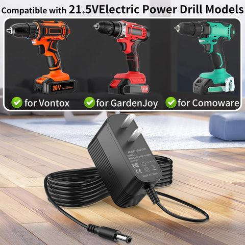 Heavy Duty 21V Drill Battery Charger For Both Cordless Tools with power plug and cord, compatible with various drill models.