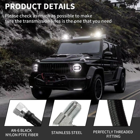 70 Inch 6AN Black Braided Transmission Cooler Lines Kit fittings with jeep in background