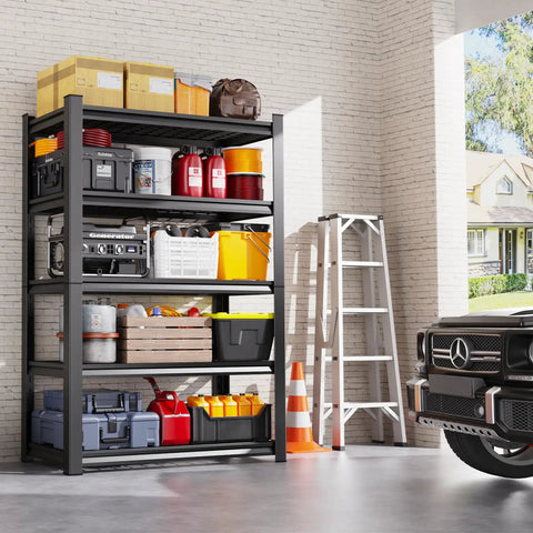 Beefy 5 Tier Heavy Duty Wire Garage Shelving System 72 By 59 By 20 Inch 2500 Lbs Capacity in garage with storage boxes and tools