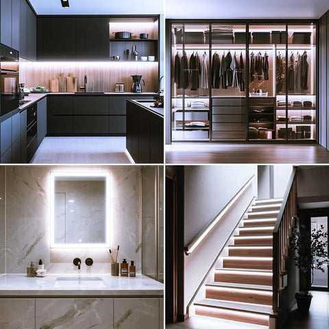 Battery Operated Motion Sensor Cabinet Strip Lights 9.8Ft 90LED With Day Night Sensor illuminating kitchen, wardrobe, stairs, and bathroom.