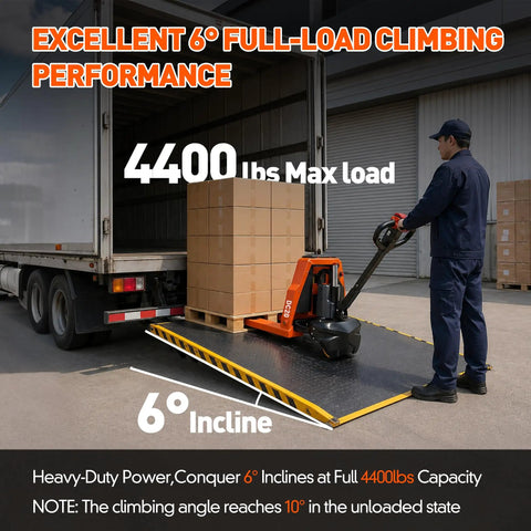 Heavy Duty 48V Electric Pallet Jack With Massive 4400lb Load Capacity For Warehouses, steel frame lifting pallets on a 6° incline.