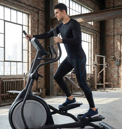 Man using elliptical with Two Pack Bike Pedal Straps For Stable Foot Retention Adjustable Leg Straps For Elliptical And Electric Pedal Machines Secure Fit To Reduce Slippage Ideal Senior Home Gym Accessory For Daily Cardio And Rehab Workouts