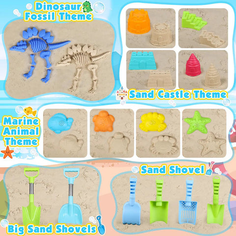 Kiddo Friendly 28 Piece Beach Sand Toys Set for Kids Toddlers Ages 3 10 Includes Buckets Water Wheel Long Shovels Castle Molds Dinosaur Fossil Kit Mesh Bag Travel Sand Box Essentials for Beach or Sandbox Play with dinosaur fossils, sand castle molds, marine animals, and colorful shovels on sand.
