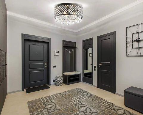 Three Light LED Flush Mount Ceiling Light With Dimmable Metal Trellis And Crystal Drops Modern Glam Chandelier in entryway