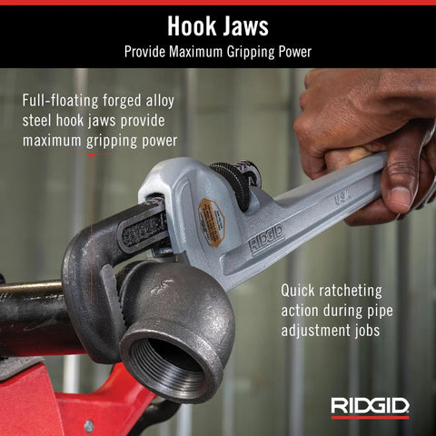 Pro Grade Aluminum 12 Inch Straight Pipe Wrench in use on a pipe, showing I Beam Handle and Floating Forged Hook Jaw