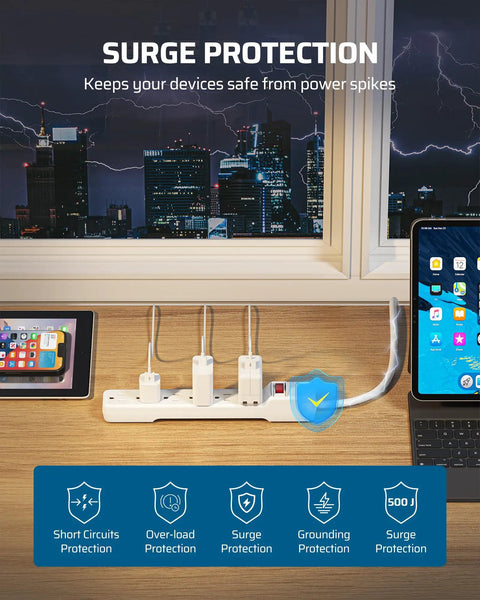 Six Outlet Surge Protector Power Strip With 10 Foot Extension Cord Flat Plug Low Profile Design Wall Mount