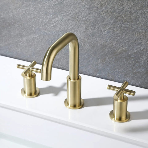 8 Inch Widespread Brushed Gold Bathroom Faucet With Two Handles For 3 Hole Sink Brass Construction With Pop Up Drain Included