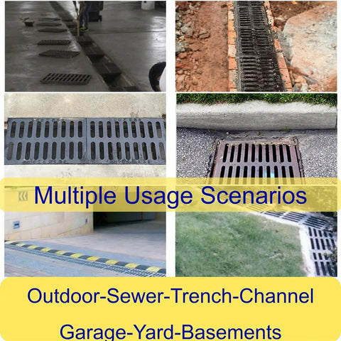 Various uses of Beefy Cast Iron Drain Grate And Frame 12x8 Inch for driveway, trench, garage, and yard drainage.