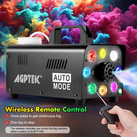 Pro Level Fog Machine, 500 Watt Output with wireless remote, auto mode, RGB lights, and fog output in colorful smoke.