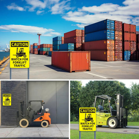 Two Pack Forklift Traffic Safety Signs 10 x 14 Inches Reflective Aluminum Rust Free Waterproof Easy To Install Watch For Forklift Signage For Workplace Safety shown installed in various locations.