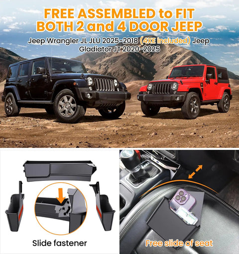 Center Console Gear Shift Side Tray Organizer For Jeep Wrangler JL JLU And Gladiator JT 2018 To 2026 shown installed with phone