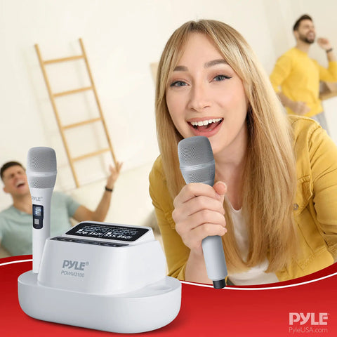 Woman using UHF Wireless Microphone System With Bluetooth Receiver, Dual Rechargeable Mics, 1200mAh Batteries in classroom setting.