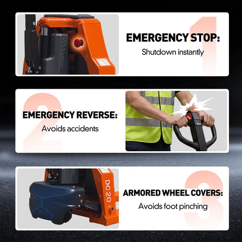 Emergency features of the Heavy Duty 48V Electric Pallet Jack With Massive 4400lb Load Capacity for warehouses.