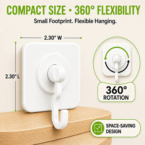 Heavy Duty Adhesive Hooks With 360 Degree Swivel Nail Free Wall Ceiling Mount Rotating Rack For Bathroom Kitchen Decor Tools No Drilling Peel Stick High Capacity Strong Support displayed on a smooth surface, illustrating compact size and 360-degree rotation.
