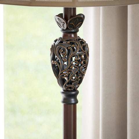 Tall Iron Lace Floor Lamp With Golden Ruby Finish, Classic Style And Ornate Scrollwork, Sculpted Finial Accent visible