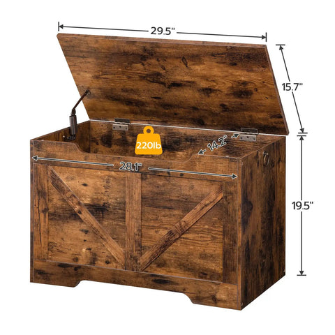 Rock Solid Wooden Storage Bench With Safety Hinge And Cool U Shaped Handles, 29.5x15.7x19.5 inch, rustic brown wood, entryway organizer.