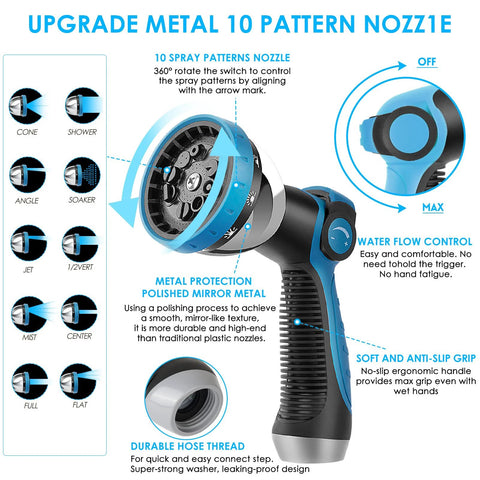 KETTOYA non-expanding garden hose 100 ft with blue and black 10-pattern spray nozzle and 3/4 swivel connectors