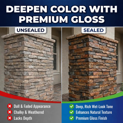 Comparison of unsealed and sealed stone pillar showcasing Slick Wet Look Stone Sealer Hella Durable Water Based Color Enhancer.