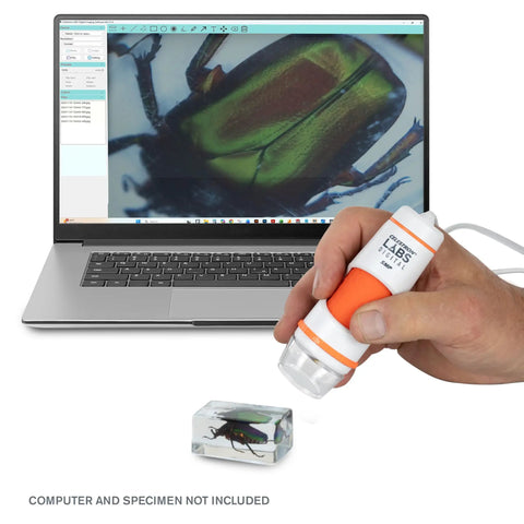 5MP Handheld Digital Microscope With 20X To 200X Magnification And True IR Cut Lens For Clear Detail On Coins, Circuits, Textiles, Insects And More, High Resolution Images And VGA Video, handheld on laptop with beetle