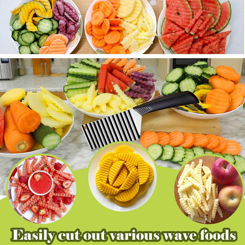 FANTEXY crinkle cutter with black handle and stainless steel wave blade, shown with assorted sliced vegetables.