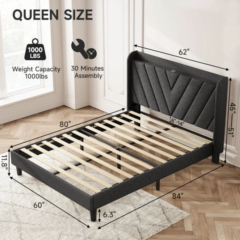 Prime Queen Platform Bed Frame Featuring Adjustable Wingback Headboard And Built In Type C Usb Charging Ports Legit Heavy Duty Wood Slats Support Smooth Assembly No Box Spring Needed Dark Gray Chill Vibe dimensions and features