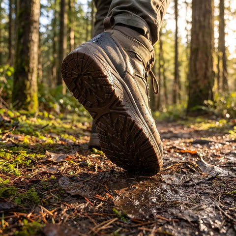 Close-up of a heavy duty work boot sole on a trail, highlighting grip, durability for outdoor use. 2 Pack Heavy Duty Rubber Sole Replacement Patches For Work Boots And Casual Sneakers Straightforward Home Do It Yourself Swap No Specialty Gear Needed To Fix Up Worn Out Kicks.