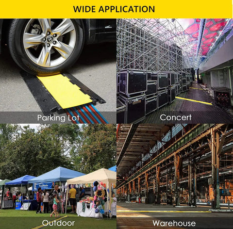 Tough As Nails Rubber Cable Protector Ramp Five Channel Wire Cover used in parking lot, concert, outdoor event, and warehouse.