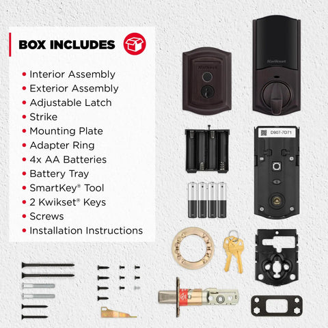 Traditional Fingerprint Deadbolt With Built In Wifi And Smartkey Backup Delivering Smooth Proximity Locking Voice Sync And Polished Venetian Bronze components arranged for installation.
