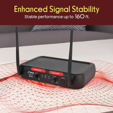 Dual Channel Wireless Microphone System with dual frequency receiver showcasing enhanced signal stability up to 160 ft.