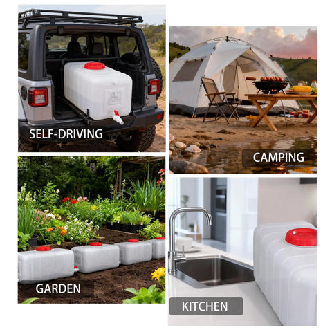 Large 29 Gallon Water Storage Tank With Spigot and 3m Hose shown in car, tent, garden, and kitchen for versatile use