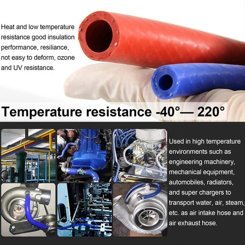 Red and blue reinforced silicone vacuum heater hoses, temperature resistance -40 to 220 degrees, shown with engines and machinery.