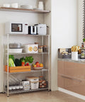 Beefy 4 Tier Metal Shelf Unit With Adjustable Shelves And Feet, Heavy Duty Storage Rack in kitchen setting, silver gray finish.